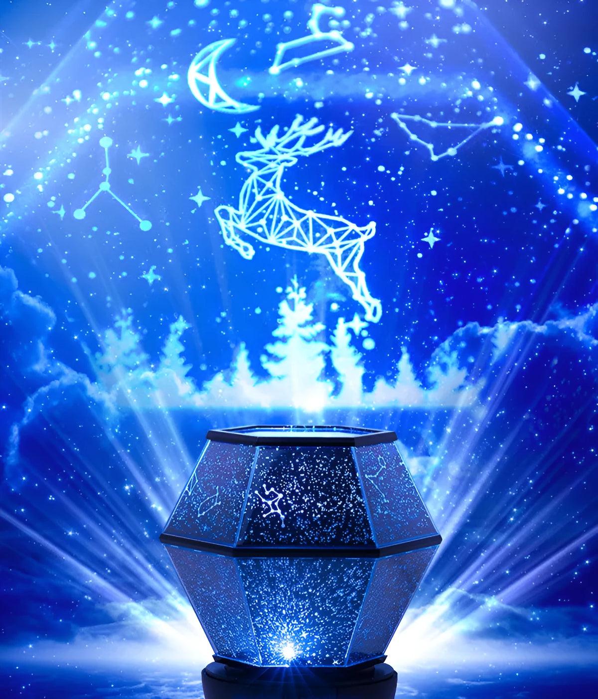 Children's rotating stars LED night light projecting star patterns on bedroom ceiling