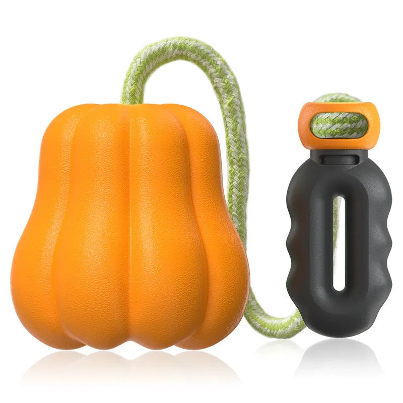 Orange plastic molar-shaped dog toy with rope attachment for chewing and fetch games