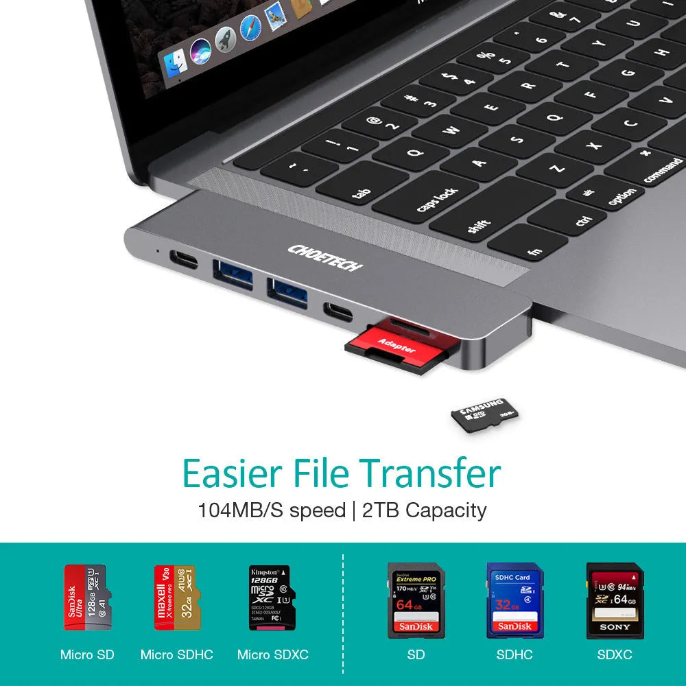 USB Type C adapter hub with multiple ports including Thunderbolt 3, HDMI, SD card slot, and USB 3.0