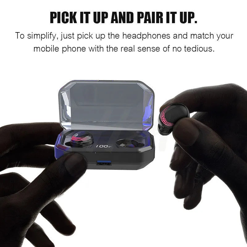 Black Bluetooth wireless headset with charging case showing earpieces stored in compact case