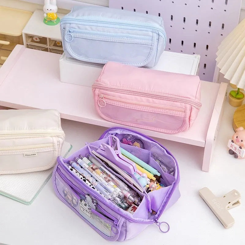 Korean-style canvas pencil case with ten compartments for pen organisation in six colour options