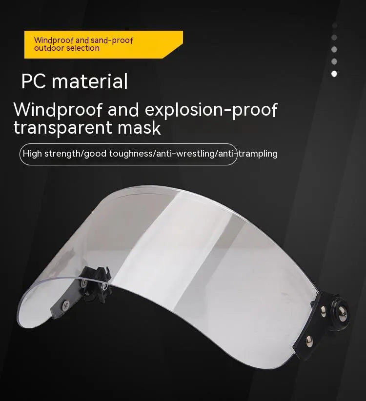 Transparent polycarbonate helmet face shield with semi-rimless frame, shown from front.