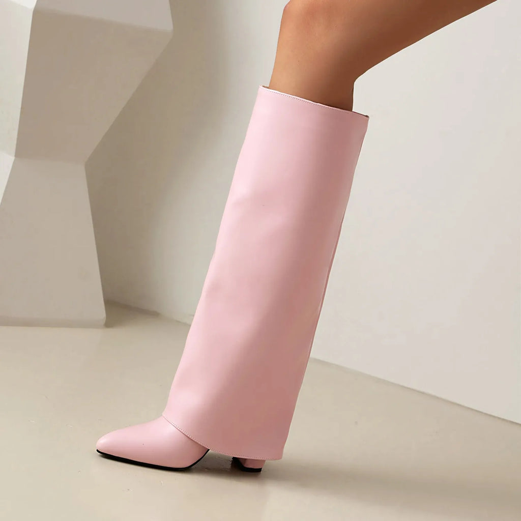 Women's plus size thick high heel boots in black, white or pink for autumn and winter wear
