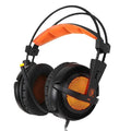 Black and white 7.1 channel USB gaming headset with LED lights on ear cups and padded headband.