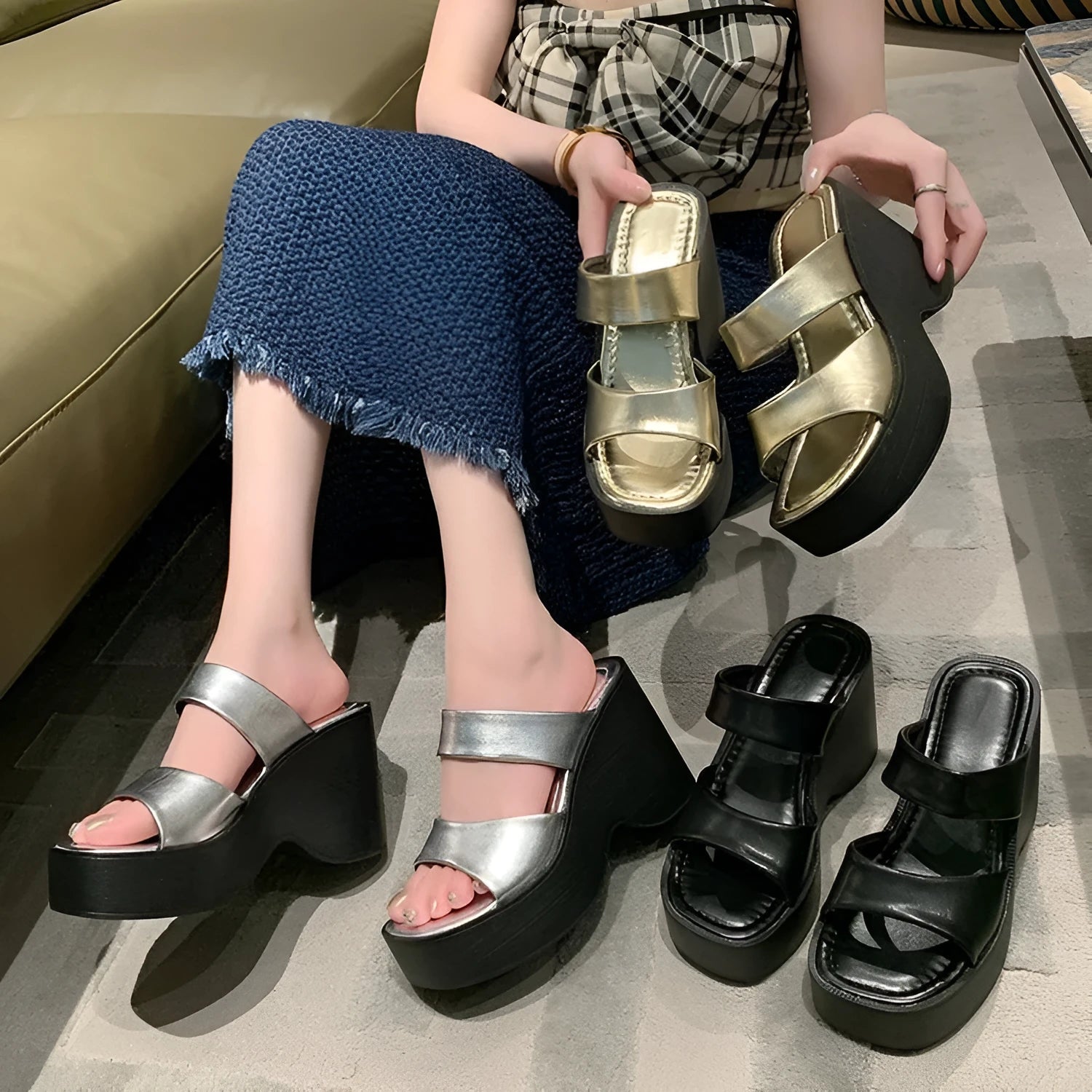 Women's black wedge platform slippers with a square toe on a plain background.