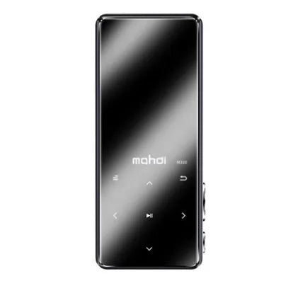 Ultra-thin portable MP3 music player with a 2.4-inch touch screen in black, silver, blue, or red colours.