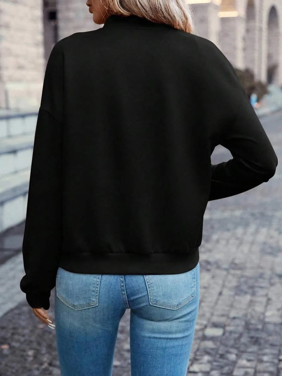 Black women's casual zip jacket with faux pockets and long sleeves