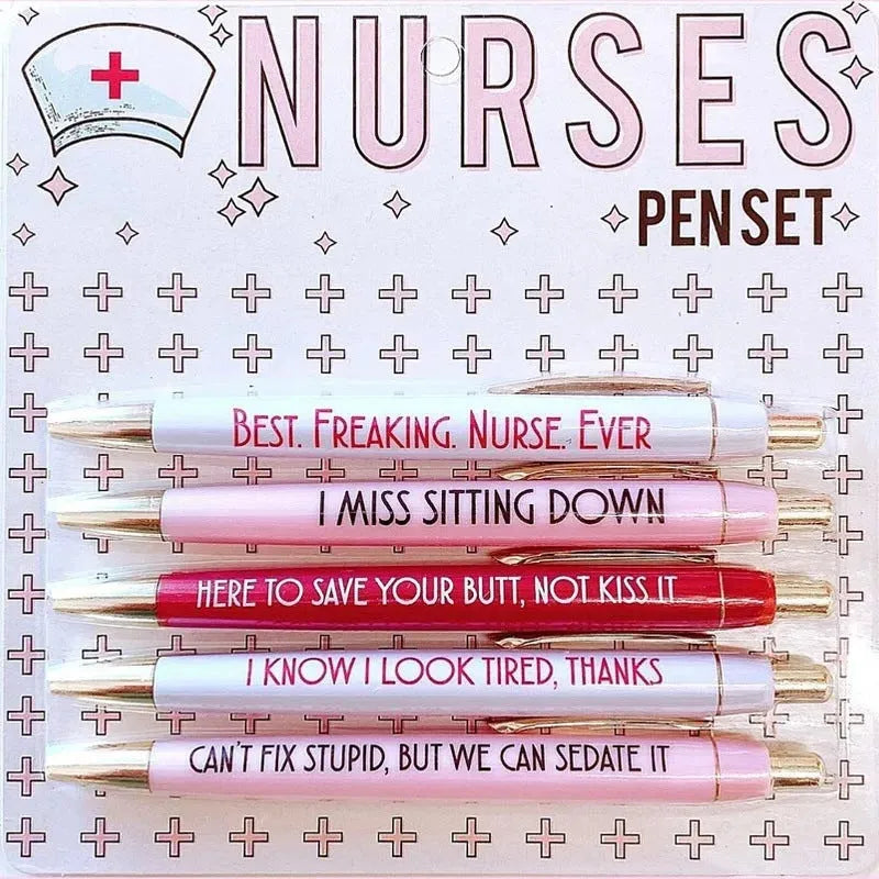 Set of five nurse-themed retractable ballpoint pens with medical text printed on plastic barrels