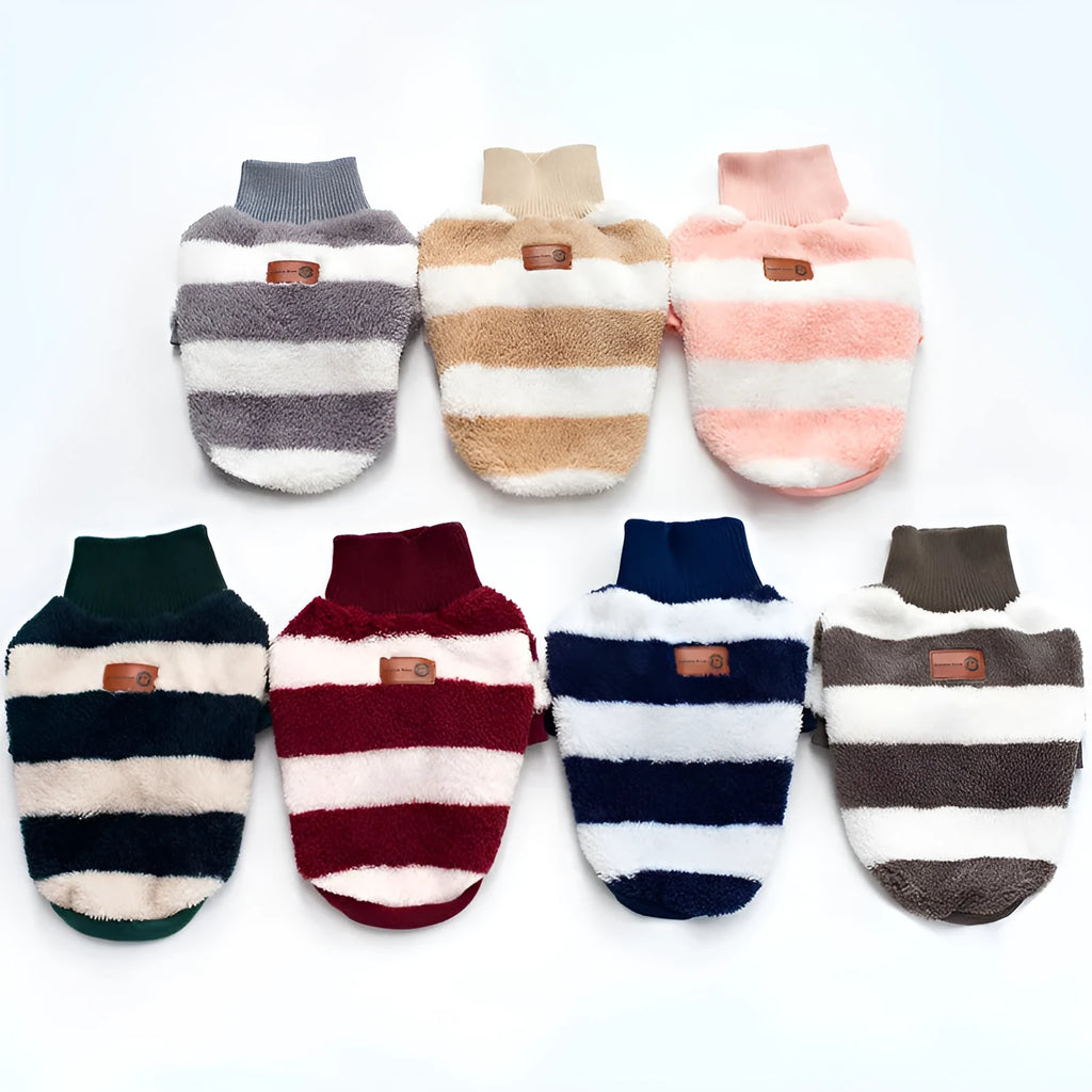 Two-legged coral fleece pet clothes in striped casual style, pink or yellow, sizes S to XXL