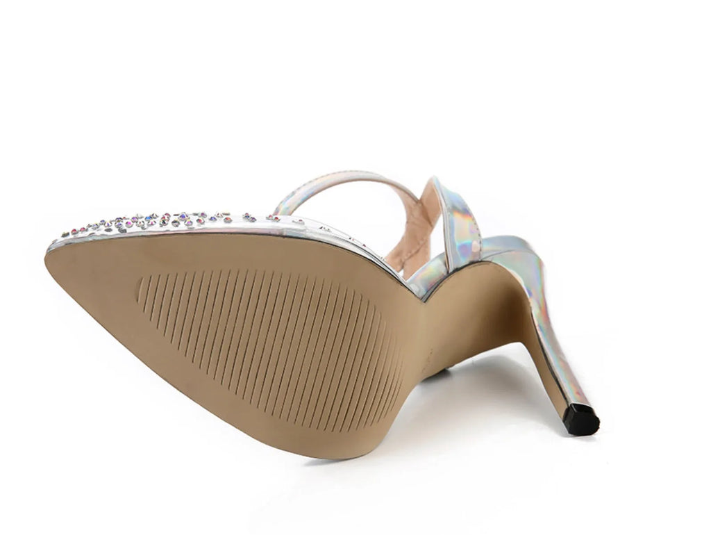 Women's pointed toe diamond sandals with stiletto heel and strappy PVC upper.