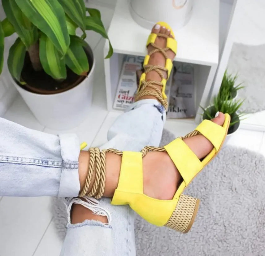 Women's beige suede sandals with front and ankle straps, thick 3-5cm heel.