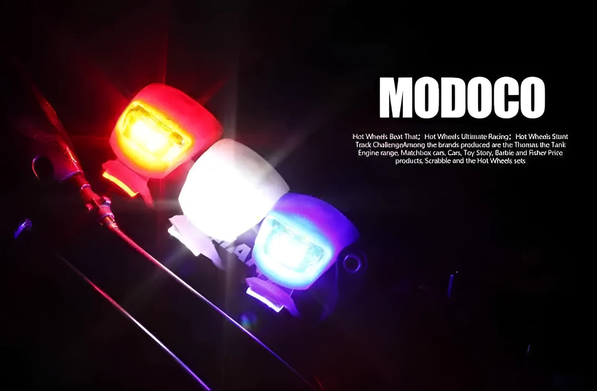 LED bike safety light with flexible silicone body, clip-on fitting and one-touch switch for cycling and nighttime use