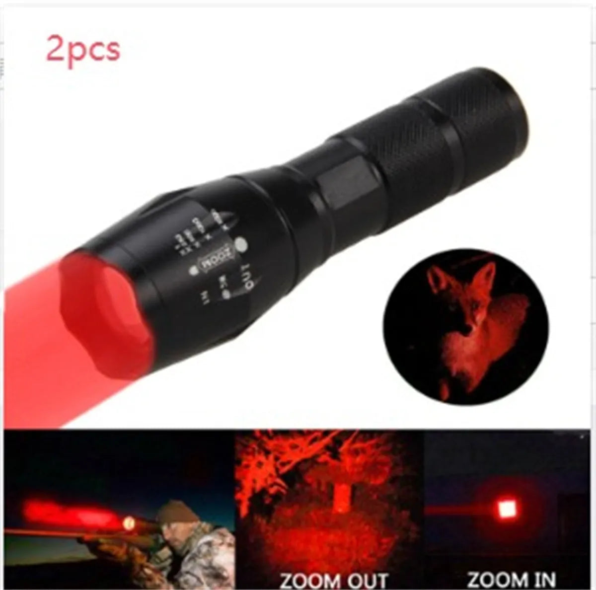Black aluminium alloy LED zoom flashlight with adjustable focus ring and antiskid texture.