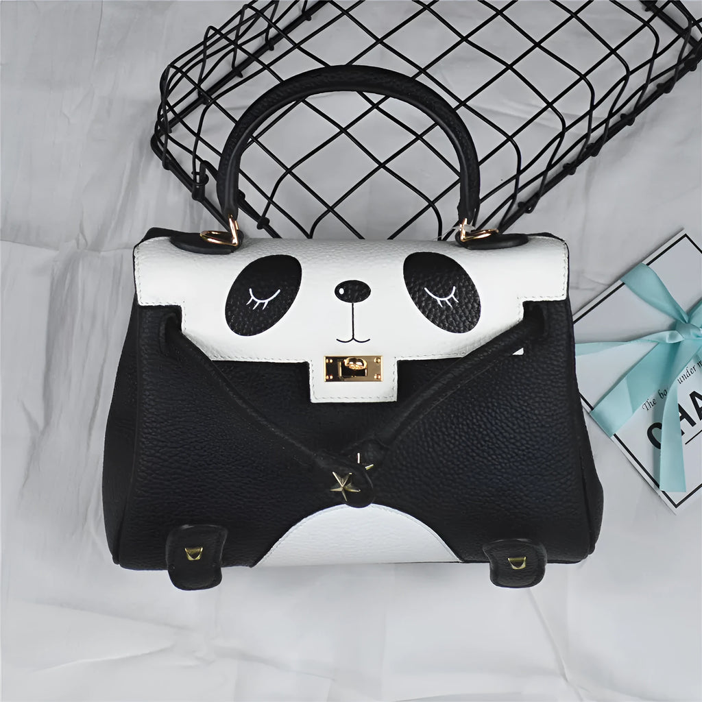 Panda print cow leather handbag in horizontal square shape with animal pattern
