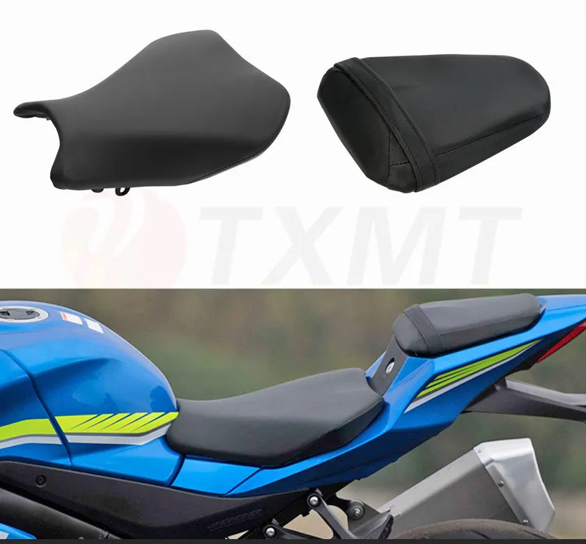 Suzuki GSXR1000 motorcycle with PU leather seat covers fitted on front and rear seats.