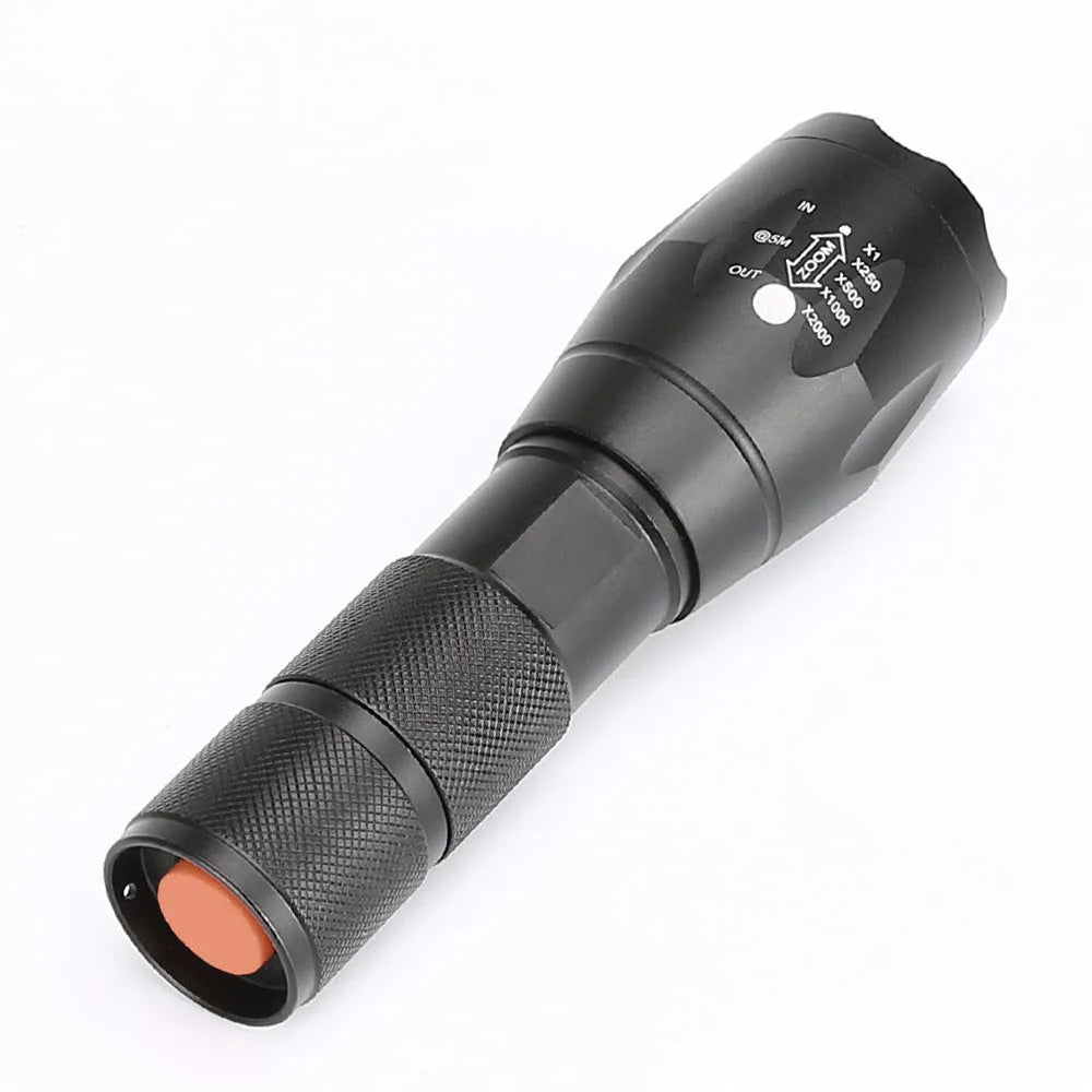 Black aluminium alloy LED zoom flashlight with adjustable focus ring and antiskid texture.