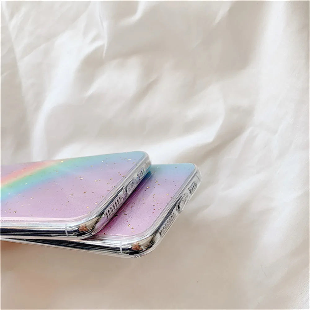 Rainbow gradient iPhone case with horizontal stripes on a white background
