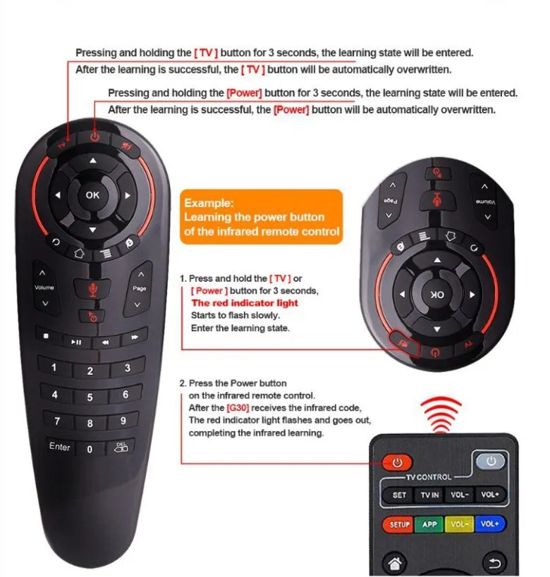 G30 wireless keyboard remote control with air mouse functionality for smart TVs