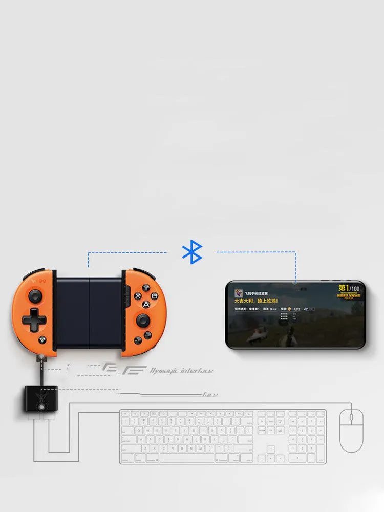 Feizhi Wee2T USB wired mobile game controller in blue or orange with stretch handles.