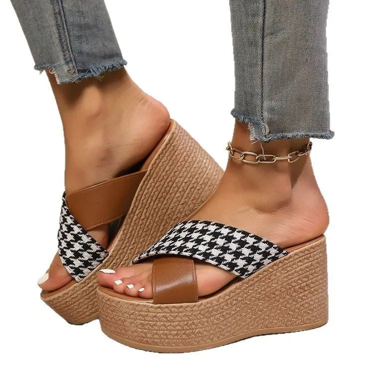Women's cross leopard plaid wedge sandals with rubber sole in brown and black pattern options