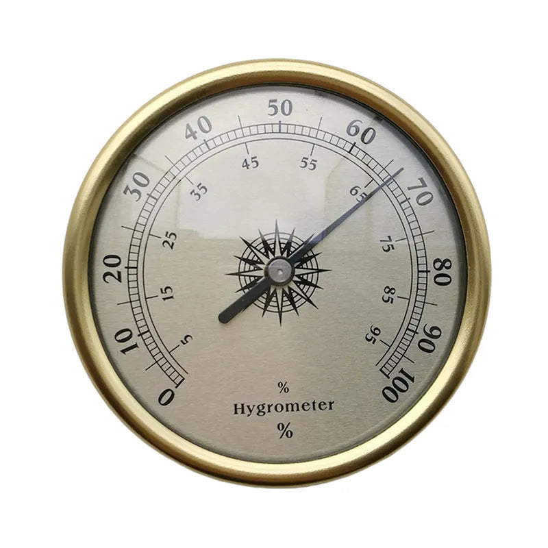 Silver aluminium analog thermometer and hygrometer with a round dial showing temperature and humidity scales.