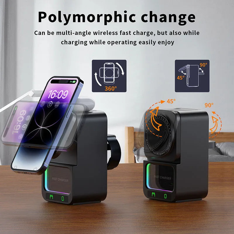White and black Bluetooth speaker with integrated wireless charging station showing 5-in-1 functionality