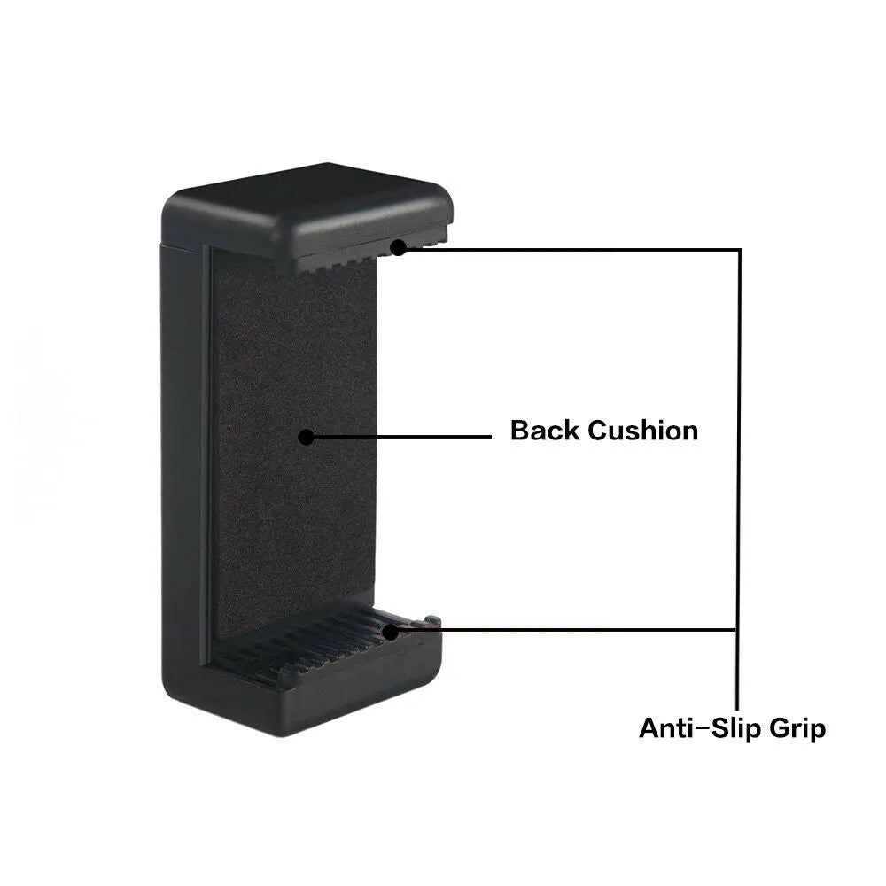 Black plastic mobile phone holder with rotating clamp on a desk