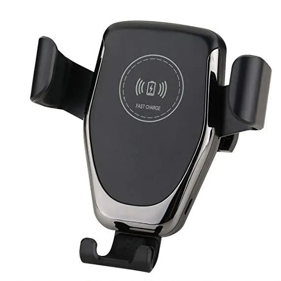 Black car wireless charger mount holding iPhone with automatic clamping arms visible
