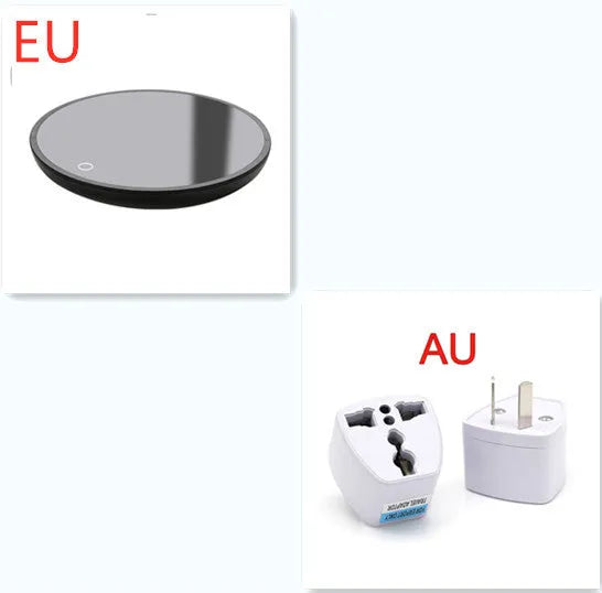 Black circular coffee cup warmer with low and high temperature switch on a desk