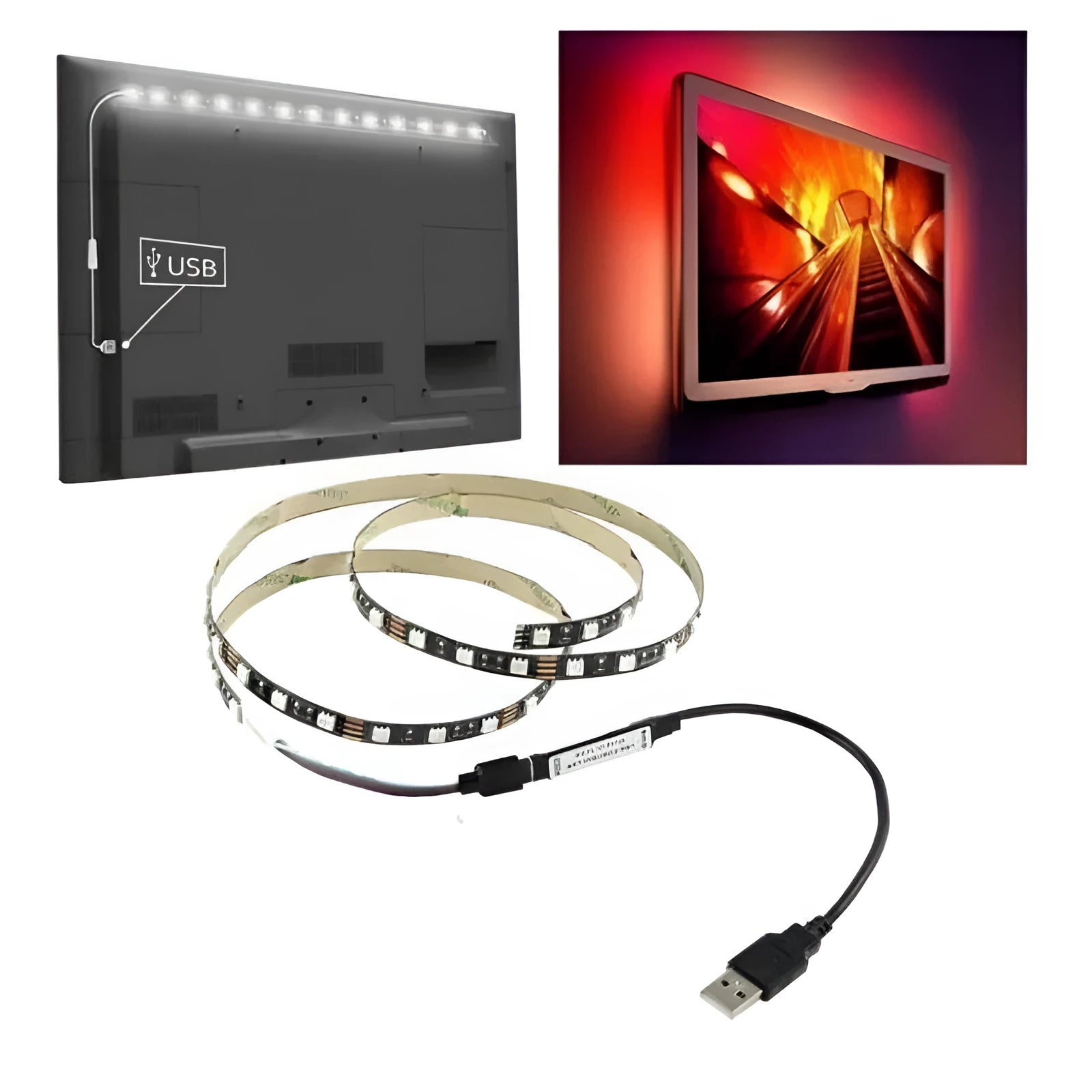 A flexible 1-metre long USB LED light strip showing multiple coloured SMD5050 LEDs on its surface.