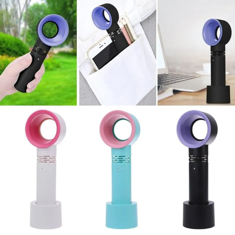 Compact portable bladeless fan in chosen colour on its base, with USB cable for charging.