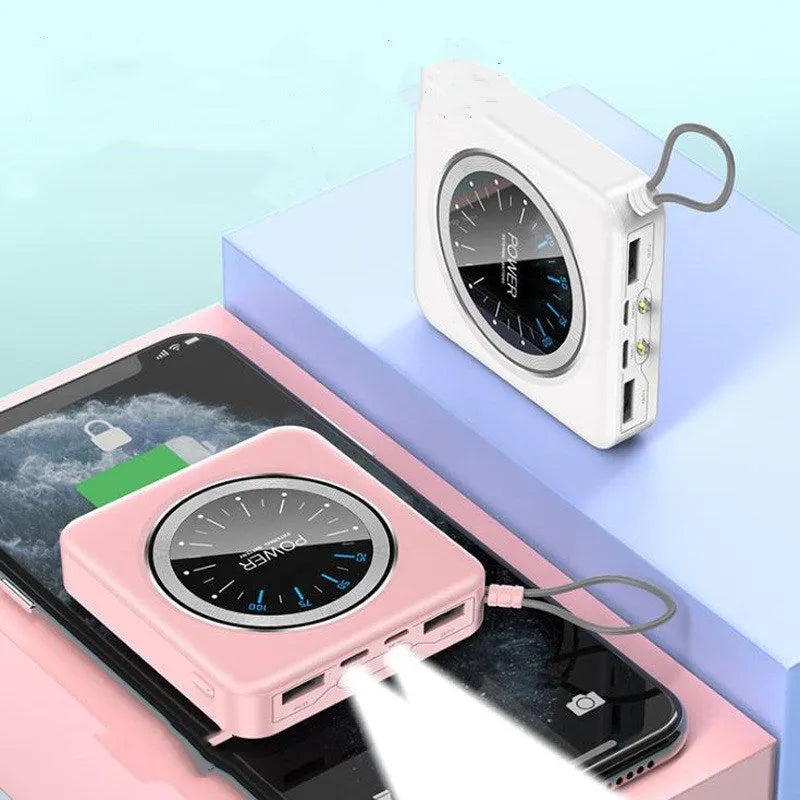 Mini clock charger portable power bank in mint green colour showing compact design with USB ports