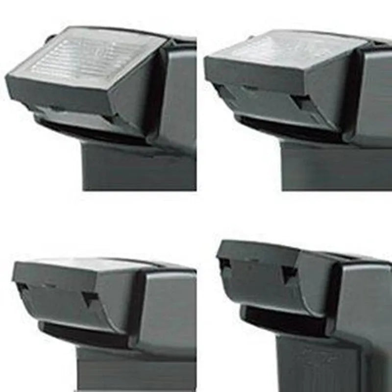 Compact silver SLR camera flash with a rotating head on a hot shoe mount