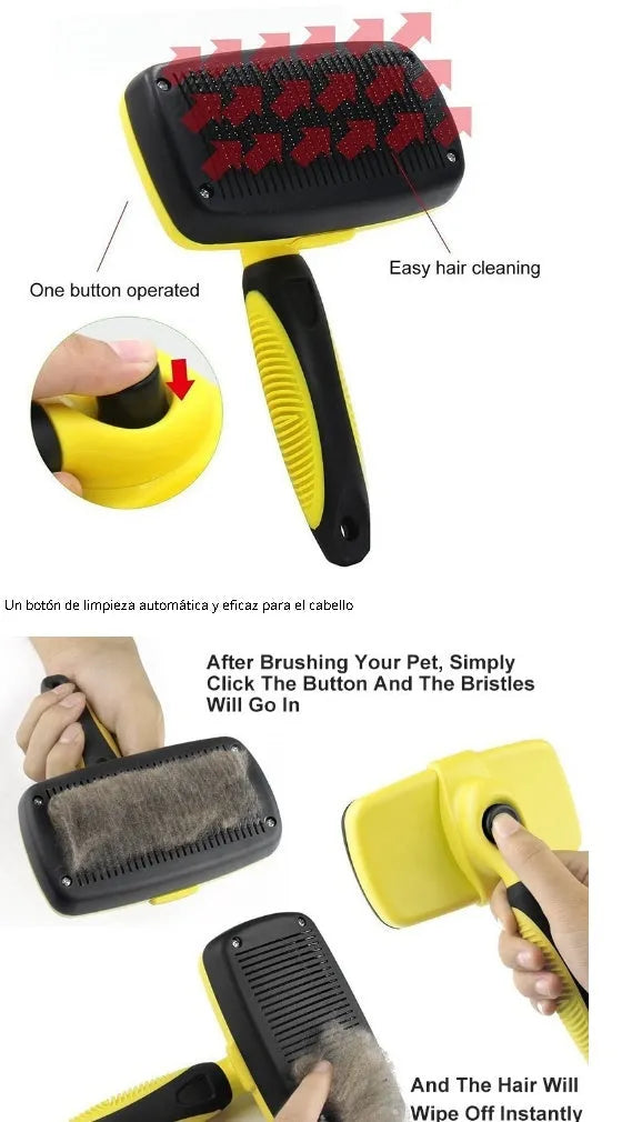 Pet automatic retractable comb with stainless steel needles, ABS and TPR, 19x12.6cm, in green or yellow.