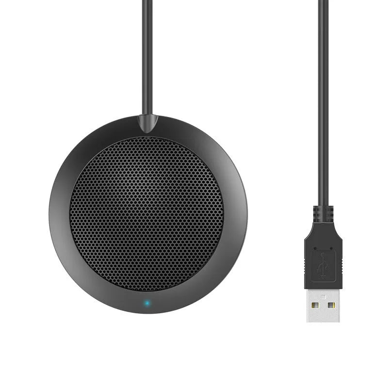Black USB omnidirectional conference microphone with zinc alloy construction and metal mesh cover