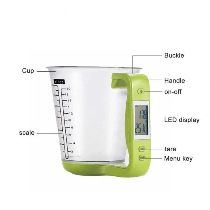 Green electronic digital measuring cup with LCD display on handle showing weight measurement.