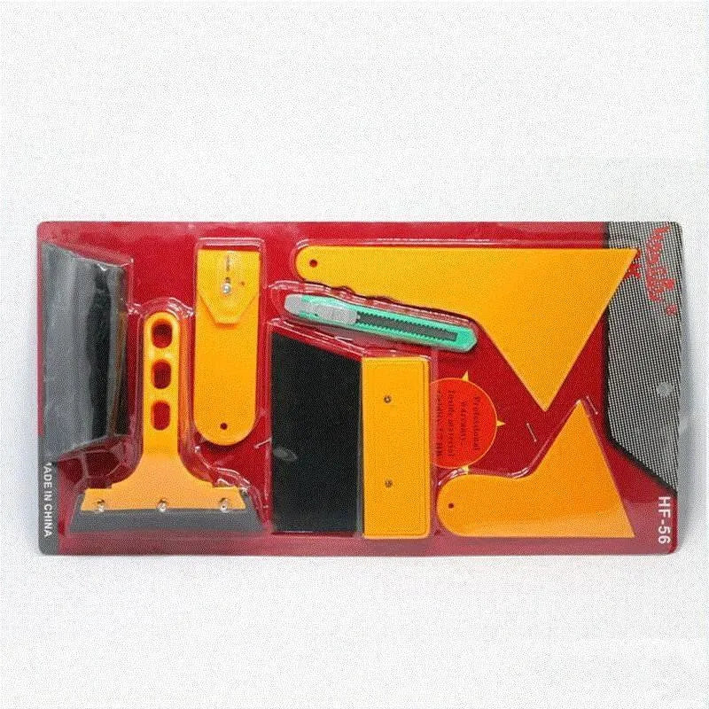 Seven-piece car film tool set with scrapers, knives, tendon scraper, and pressing block.