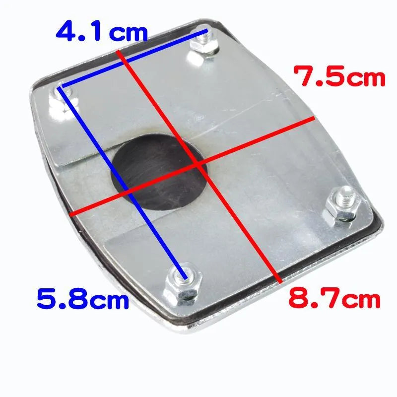 Metal motorcycle brake pedal skid plate shown in a universal fit design for bikes and scooters.
