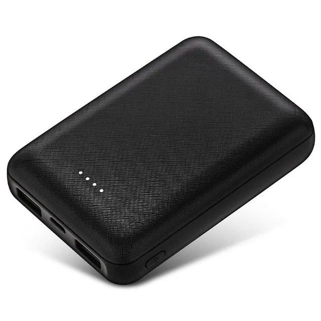 Black and white ultra-thin 10000mAh power bank showing multiple USB ports
