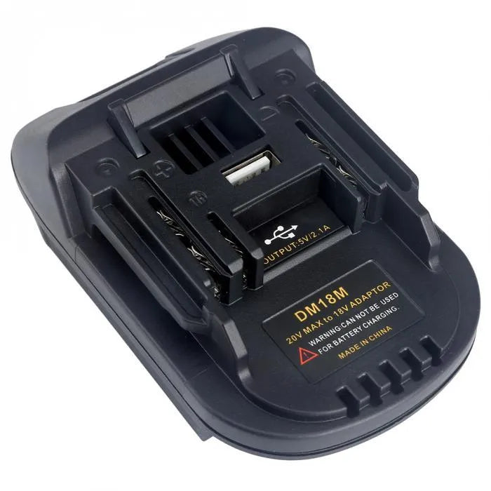 Black Milwaukee to Makita battery adapter showing conversion connection points for power tools