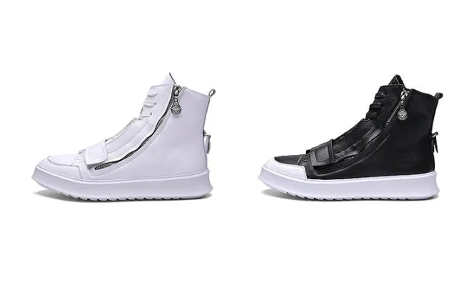 Men's black and white PU leather ankle boots in high-top sneaker style for winter