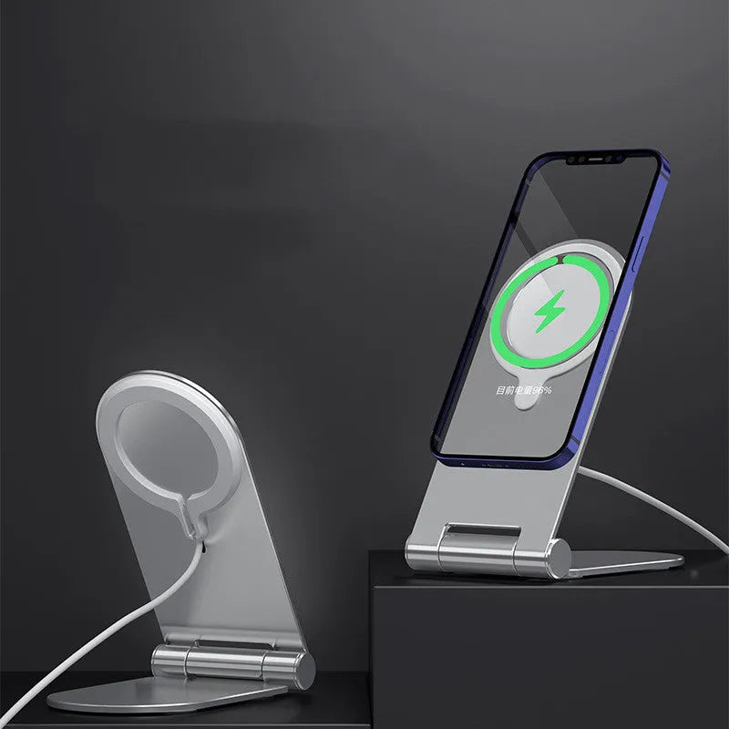 Silver vertical adjustable magnetic phone bracket for iPhone 12 on white background
