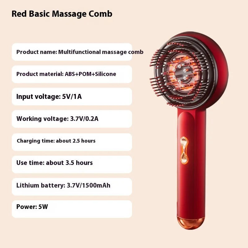 Black or red plastic light therapy massage hair comb with Type-C charging port