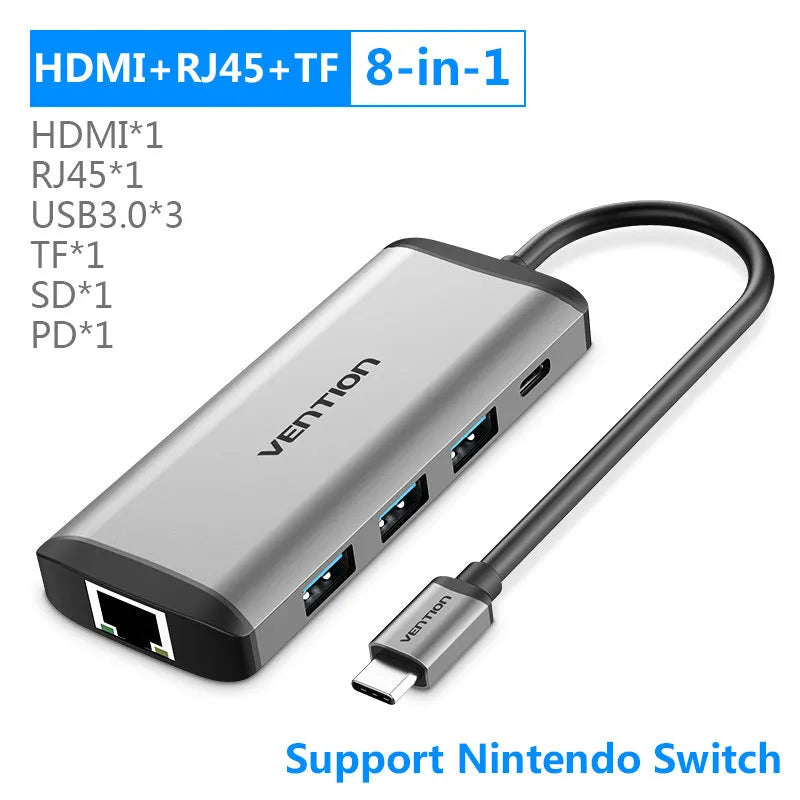 Deep grey USB C to HDMI adapter with multiple ports including ethernet and USB 3.0