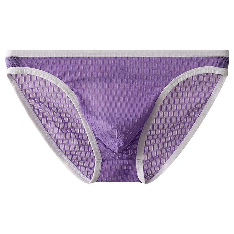 Men's low waist transparent lace underwear in black, shown flat