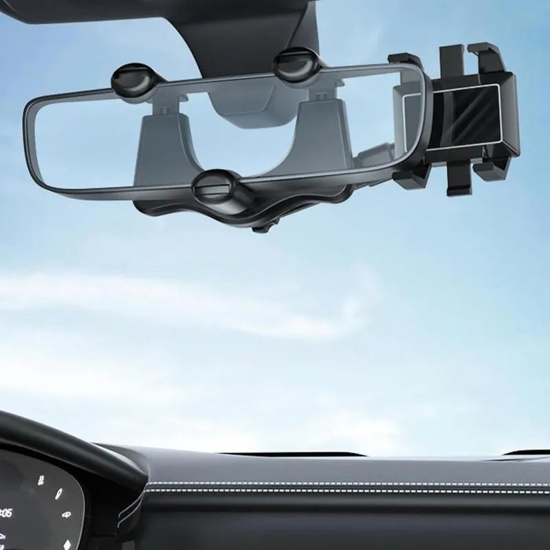 Black rearview mirror phone holder with 360-degree rotation mounted on car mirror holding mobile phone