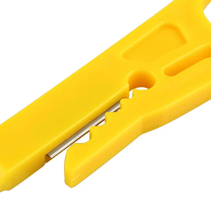 Yellow portable wire stripper tool showing adjustable mechanism and 0.6mm stripping diameter
