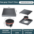 Gun grey 304 stainless steel courtyard floor drain with a square 15x15 cm grid.
