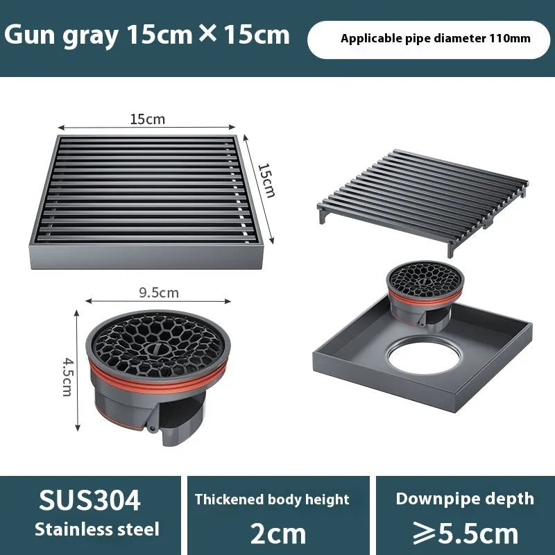 Gun grey 304 stainless steel courtyard floor drain with a square 15x15 cm grid.