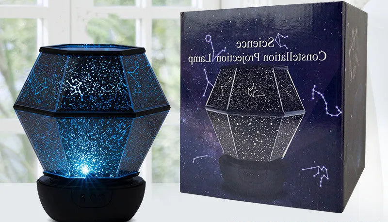 Children's rotating stars LED night light projecting star patterns on bedroom ceiling